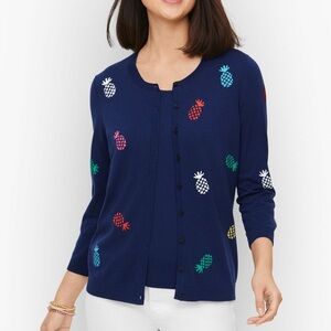 Talbots Navy Blue Colorful Pineapple Cardigan 3/4 Sleeve Button Front Size Large